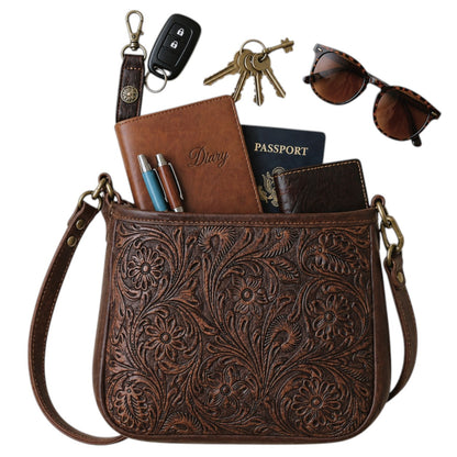 Tooled Tan Leather Crossbody Purse