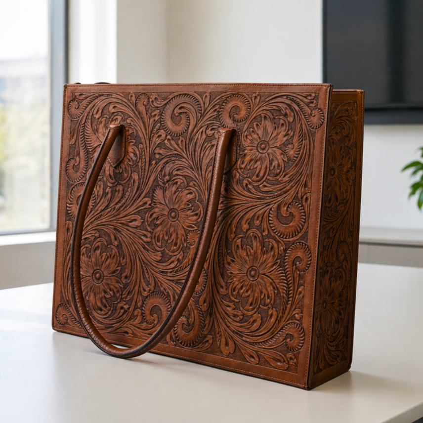 Regular Hand Tooled Turquoise Floral Western Tote